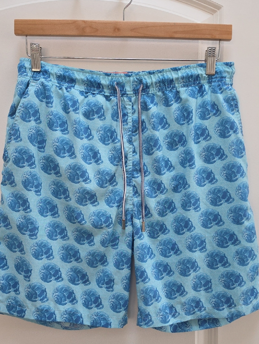 Peter Millar Light Aqua & Navy Skull-Pattern Swim Trunks